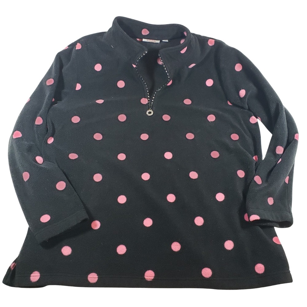Quaker Factory Black Pink Polka Dot Fleece 1/4 Zip Pullover Sweatshirt XL Rhines